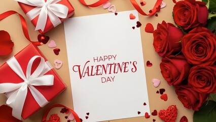 Romantic Valentine's Day setup with red roses and gifts