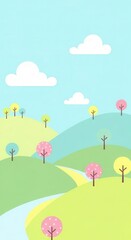 Whimsical landscape illustration featuring rolling hills and stylized trees under a bright sky
