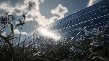 Solar Panels with Sunlight and Grass in Nature