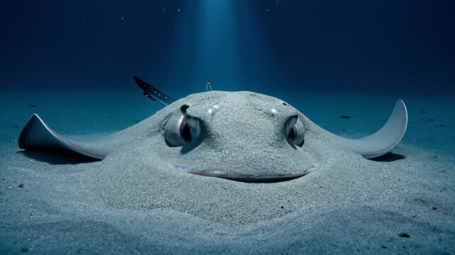 Smiling Stingray Resting Calmly on the Sandy Ocean Floor Under Sun Rays