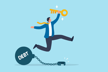 Debt free or freedom for pay off debts, loan or mortgage, solution to solve financial problem, savings or investment to break free, happy businessman holding golden key after unlock debt burden chain.