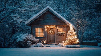 Christmas cabin on a snowy night, snow-covered roof, Christmas tree with fairy lights in front of the door, Christmas wreath on the windowsill, quiet winter scene