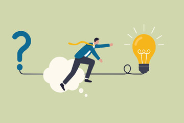Problem solving skill, critical thinking or finding solution to solve problem, answer question, creativity or imagination, businessman on thinking bubble connect question mark to lightbulb solution.