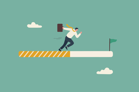 Progress or journey to success or achieve goal, business step or career path, mission or challenge to succeed, improvement concept, ambitious businessman run on progress bar to achieve success flag.