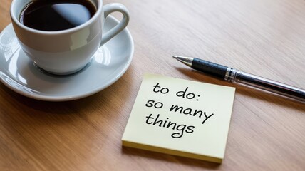 Overwhelmed by daily tasks a sticky note reads to do so many things near coffee