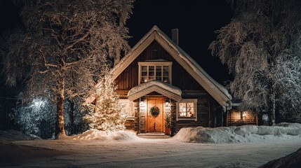 Christmas cabin on a snowy night, snow-covered roof, Christmas tree with fairy lights in front of the door, Christmas wreath on the windowsill, quiet winter scene