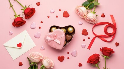 Romantic Valentine's Day setup with roses chocolates and heart decorations