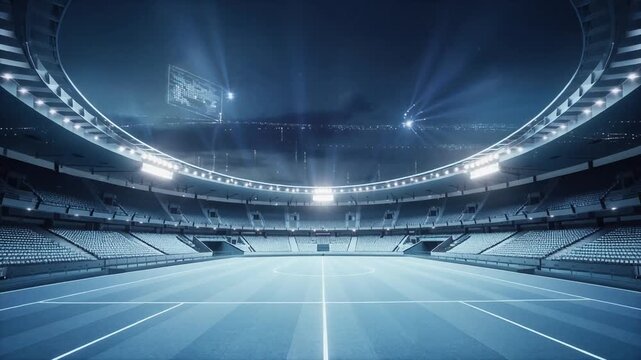 Empty modern stadium with illuminated roof and wide field.