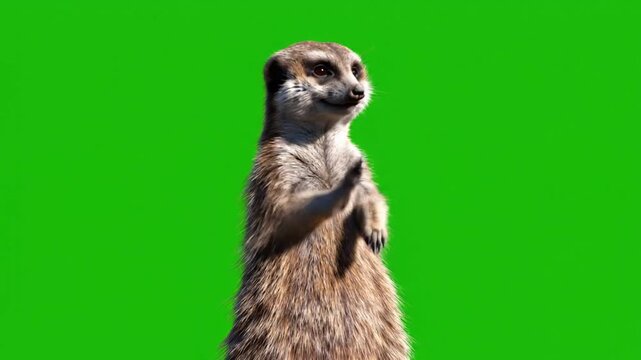 Charming Meerkat Animation: Standing, Smiling, and Looking Around on Green Screen