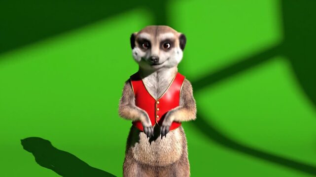 Charming 3D Animated Meerkat Character in a Red Vest Performs a Polite Bow on a Green Screen