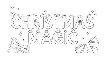 Christmas Magic: This image contains the words Christmas Magic in an enchanting font, complemented by gift boxes and twinkling stars, evoking the joyous essence of the holiday season.