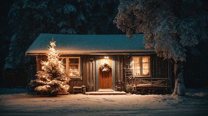 Christmas cabin on a snowy night, snow-covered roof, Christmas tree with fairy lights in front of the door, Christmas wreath on the windowsill, quiet winter scene