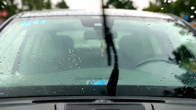 Rainy windshield wiper moving across car glass.