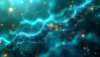 A winding neuronlike structure of blue particles and lines glows with internal yellow lights against a dark bokehfilled backdrop