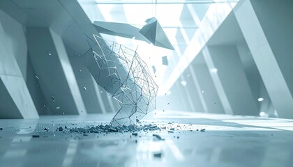 A wireframe geometric structure shatters upon impact with a reflective floor in a brightly lit minimalist hall with angled walls