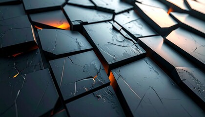 An angled macro view of fractured dark gray reflective plates with an orange glow emanating from the cracks between them