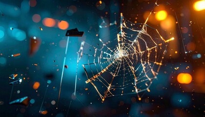 Shattered glass in a spiderweb pattern its cracks glowing orange Shards float against a blurred teal and orange bokeh background