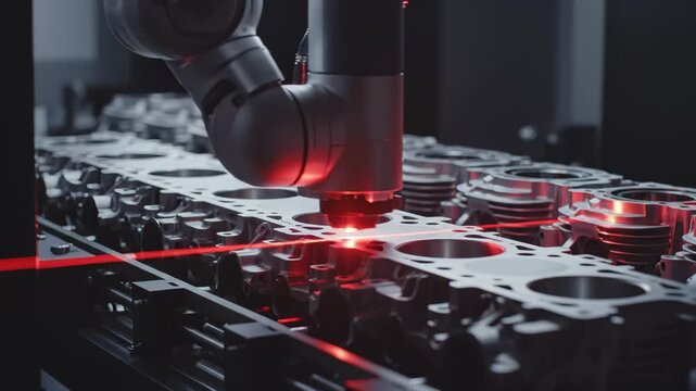 Robotic Arm Measuring Engine Cylinder Block With Laser Scanner, Precision Manufacturing