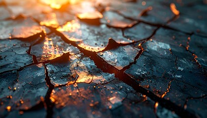A closeup of a dark cracked and fragmented surface with a warm orange light reflecting off its uneven texture