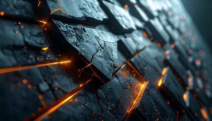 A closeup of a dark fractured surface with geometric blocks from which bright orange light glows and emits beams