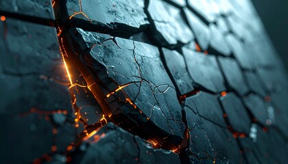 A closeup of a dark fractured wall with glowing orange light seeping through the cracks between its stonelike tiles