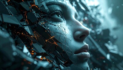 A closeup profile of a womans face shattering into dark fragments with glowing orange light emerging from the cracks