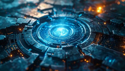 A closeup of a futuristic circular machine with a glowing blue center surrounded by intricate metallic circuitry