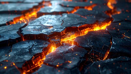 A closeup view of dark fractured ground with glowing orange light emerging from deep fissures with sparkling embers scattered about