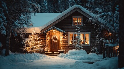 Christmas cabin on a snowy night, snow-covered roof, Christmas tree with fairy lights in front of the door, Christmas wreath on the windowsill, quiet winter scene