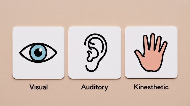 Visual auditory and kinesthetic learning styles represented by simple icons on white cards against beige