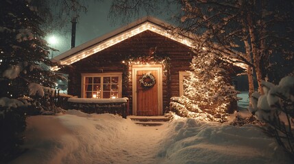 Christmas cabin on a snowy night, snow-covered roof, Christmas tree with fairy lights in front of the door, Christmas wreath on the windowsill, quiet winter scene