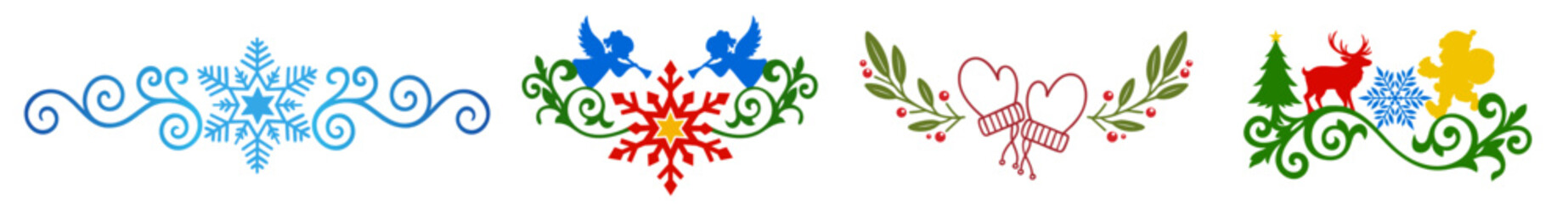 Christmas Decorative Dividers and Ornamental Flourishes Set — Festive Horizontal Center Ornaments with Holly, Snowflakes, Berries and Winter Holiday Elements for Cards, Frames and Typography