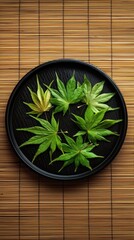 Minimal Zen Composition of Green Leaves on Bamboo Mat