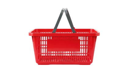 A red shopping basket with gray handle is viewed from the front against a white background.