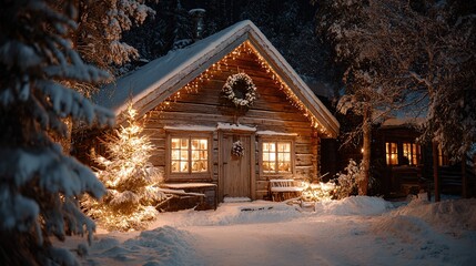 Christmas cabin on a snowy night, snow-covered roof, Christmas tree with fairy lights in front of the door, Christmas wreath on the windowsill, quiet winter scene