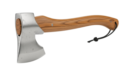 Axe with wooden handle and metal head displayed against a white background in high fidelity