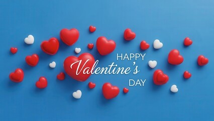 Happy Valentine's Day with red and white hearts on blue background