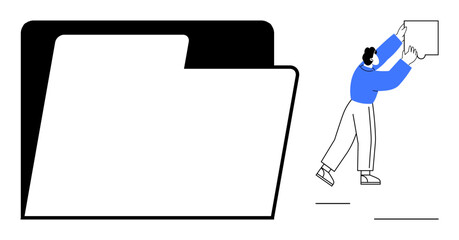 Data management concept. Large folder icon with a person arranging elements organization. Data management supports file organization, storage, and efficient archiving. business, productivity, digital