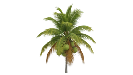 A coconut palm tree with green coconuts stands tall in a tropical environment with lush green leaves.