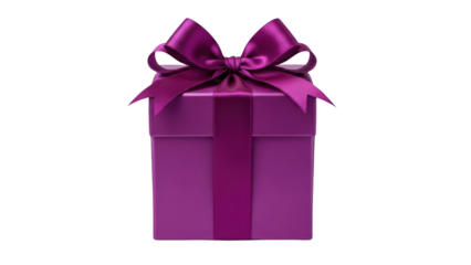 A purple gift box with a ribbon bow on top is sitting alone on a plain background now.