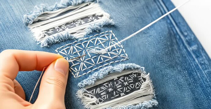 Close up of hands doing visible mending, stitching a geometric sashiko pattern with white thread and a needle onto ripped blue denim jeans