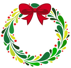 Fototapeta premium Christmas Bow Wreath Frame — Round Decorative Border with Colorful Leaves, Red Bow
