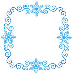 Winter snowflake square frame with decorative swirls — blue Christmas frost border and icy ornament