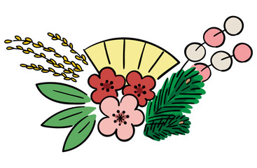 正月飾り（松竹梅、扇、稲、紅白餅花）の線ありイラスト