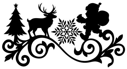 Christmas Decorative Divider with Reindeer, Tree and Children. Ornamental Flourish Separator © OS