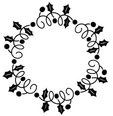 Decorative Christmas wreath frame with holly leaves and scroll elements, round  border