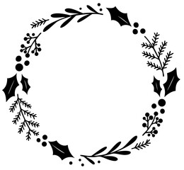 Christmas wreath frame with holly leaves, pine branches and berries — round circle for cards and greetings © OS