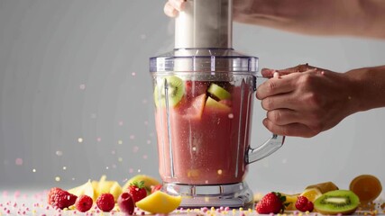 Fresh healthy smoothie with kiwi, pineapple, raspberry, and strawberry blended in kitchen blender, vibrant colorful fruit pieces bursting with energy and freshness for nutritious fruit drink