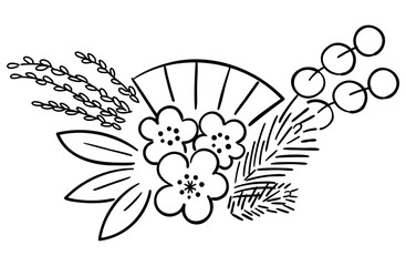 正月飾り（松竹梅、扇、稲、紅白餅花）の線画イラスト
