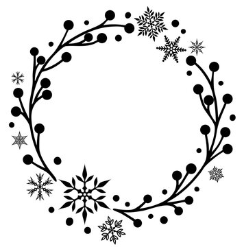 Christmas wreath frame with snowflakes and berries, round border